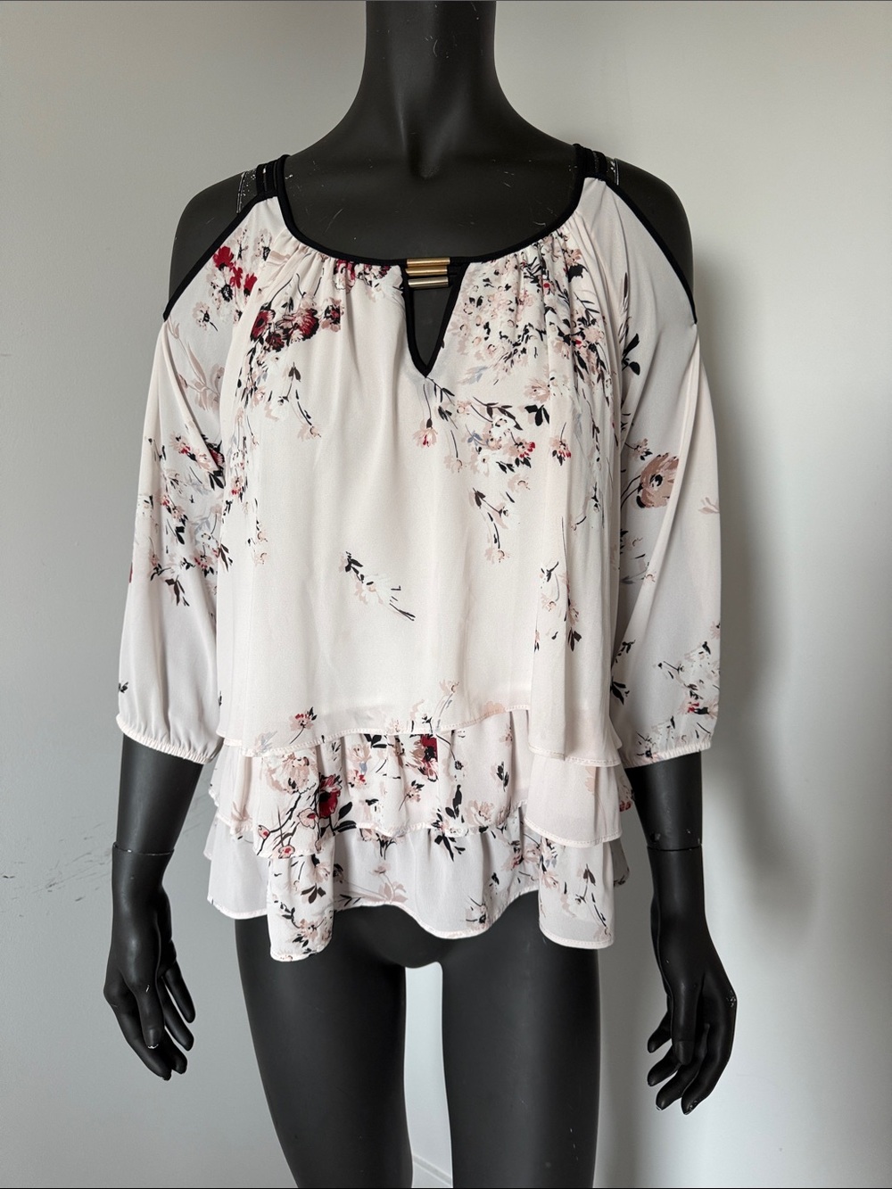 331. Joseph Ribkoff Floral Cold Shoulder Blouse Sheer Pink Size M